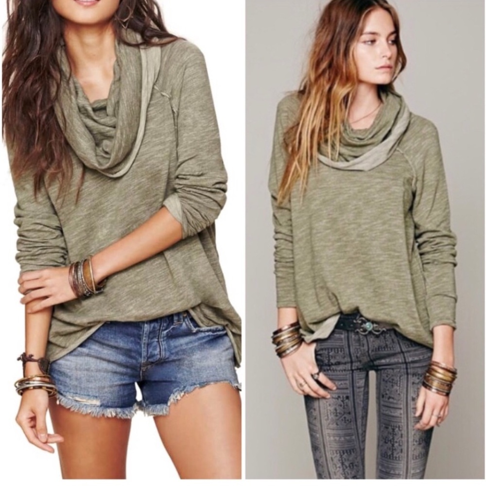 Free People Cocoon Cowl Pullover top oversized A line army green cotton XS S M